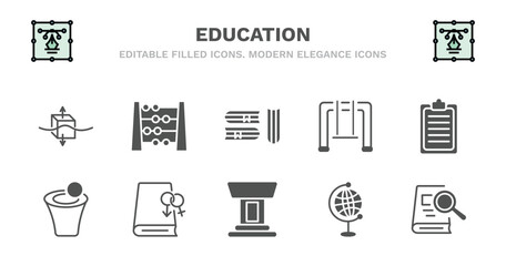 set of education filled icons. education glyph icons such as abcus, three books, swinging, written clipboard, spacetime curvature, spacetime curvature, fraternity, classroom tribune, classroom