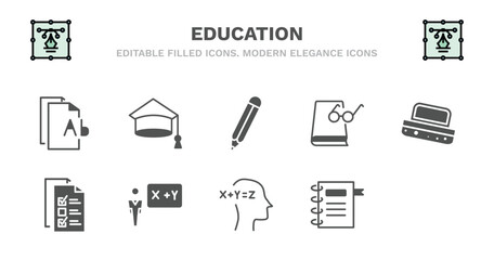 set of education filled icons. education glyph icons such as college graduation, edit pencil, 1642647123515100-79.eps,,,,"|,|",, book and glasses, blackboard eraser, blackboard eraser, final test,