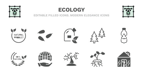 set of ecology filled icons. ecology glyph icons such as seeds, biodiesel, christmas trees, recycled bottle, 100 % natural badge, 100 % natural badge, globe on hand, tree with many leaves, growing
