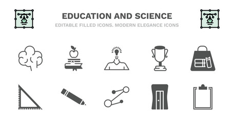 set of education and science filled icons. education and science glyph icons such as book and, having an idea, big trophy, bag of books, square, square, pencil, molecular bond, sharpener, clipboard