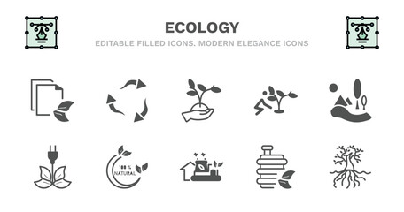 set of ecology filled icons. ecology glyph icons such as recycle, plant on a hand, plant a tree, landscape image, save energy, save energy, 100 percent natural, eco industry, biofuel, tree and roots