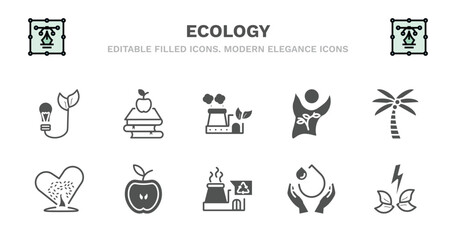 set of ecology filled icons. ecology glyph icons such as and books, sustainable factory, eco volunteer, coconut tree, tree with hearts, tree with hearts, half, recycling factory, save water, green