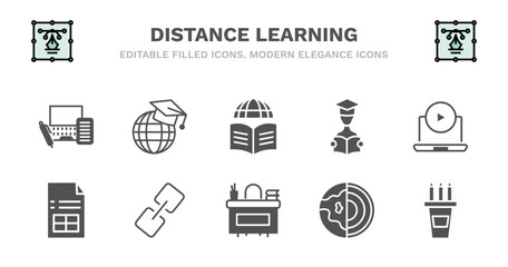 set of distance learning filled icons. distance learning glyph icons such as international, learning, studying, tutorial, sheet, sheet, links, teacher desk, geology, pencil box vector.