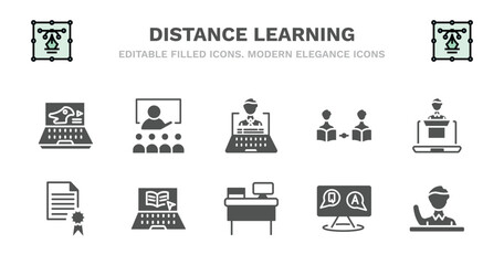 set of distance learning filled icons. distance learning glyph icons such as lesson, distance teacher, asynchronous learning, online coaching, qualification, qualification, elearning, workspace, qa,