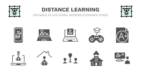 set of distance learning filled icons. distance learning glyph icons such as computer-based training, video tutorials, game-based learning, grades, online education, online education, homework,