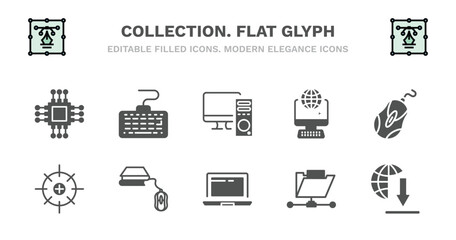 set of collection. flat glyph filled icons. collection. flat glyph glyph icons such as keyboard with cable, pc with monitor, surfing the net, computer mouse device, calibrate, calibrate, book and