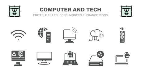 set of computer and tech filled icons. computer and tech glyph icons such as internet server, wireless connectivity, information network, tv controller, video lecture, video lecture, computers, save