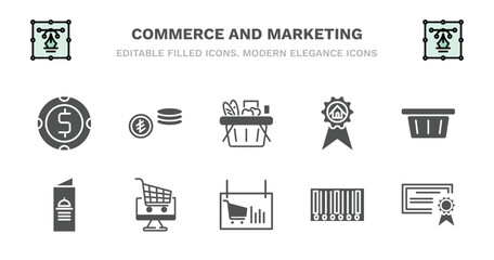set of commerce and marketing filled icons. commerce and marketing glyph icons such as turkish, , house badge, supermarket basket, restaurant card, restaurant card, online store cart, barscode