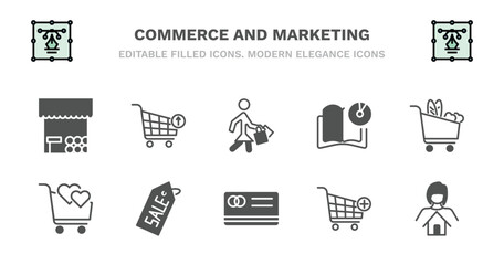 set of commerce and marketing filled icons. commerce and marketing glyph icons such as take out from the cart, shopper with bags, , grocery, solidarity purchase, solidarity purchase, sale label,