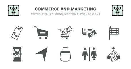 set of commerce and marketing filled icons. commerce and marketing glyph icons such as , commerce and shopping, paying, checkered, men women toilet, shopper