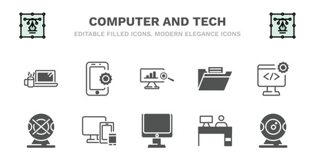 set of computer and tech filled icons. computer and tech glyph icons such as tablet data tings, data analyser, computer folder, develope, webcam disconnected, webcam disconnected, responsive de, and