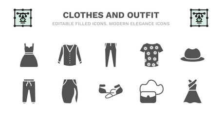 set of clothes and outfit filled icons. clothes and outfit glyph icons such as cotton cardigan, slim fit pants, t shirt with de, men hat, sweatpants, sweatpants, slit skirt, ballets flats, hobo bag,