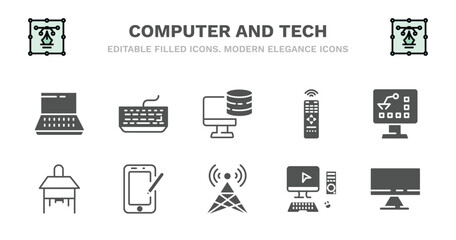set of computer and tech filled icons. computer and tech glyph icons such as classroom keyboard, pc storage, tv remote, industrial, school desk, school desk, tablet tool, telecommunications, full