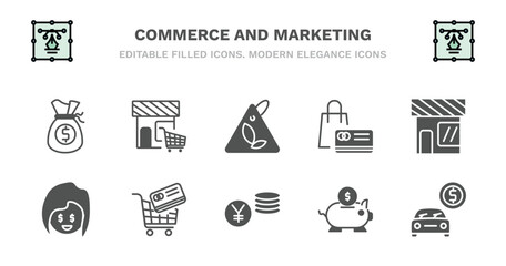 set of commerce and marketing filled icons. commerce and marketing glyph icons such as shopping store, eco tag, bag business card, front store with awning, , tools cart, yens coins stack, piggy