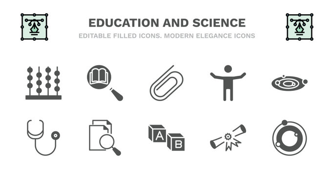 set of education and science filled icons. education and science glyph icons such as book and magnifying, paperclip, open arms, solar system, cardiology tool, cardiology tool, searching files,