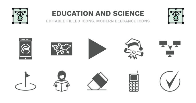 set of education and science filled icons. education and science glyph icons such as world map, right triangle, graduation pictures, computer and network, flag point, flag point, student books,