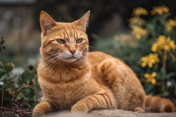 Obraz premium Beautiful ginger cat in garden portrait. Generative AI