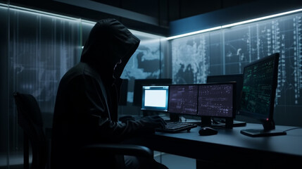 Hacker in front of a computer screen. Hacking a server. Cybersecurity, Cyber awareness, Cyber training. Generative AI. - obrazy, fototapety, plakaty