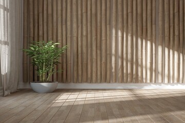 modern room with bamboo wall,plant and curtains interior design. 3D illustration