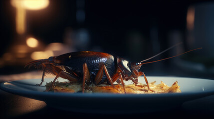 Cockroach eating food off a plate in a restaurant. Food safety. Generative AI.