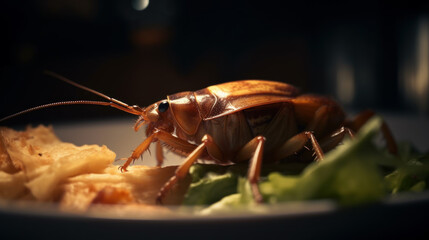 Cockroach eating food off a plate in a restaurant. Food safety. Disgusting. Gross. Icky. Uncomfortable. Unclean. Bug. Shocking. Macro.
