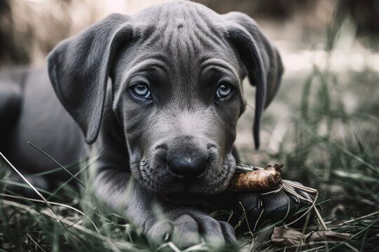 A photograph of a Great Dane puppy lying in the grass and chewing on a pig's ear. Generative AI