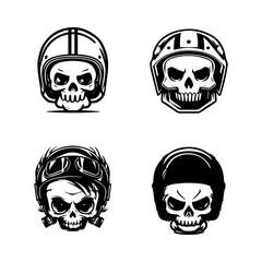 cute skull head wearing biker helmet logo collection set hand drawn illustration