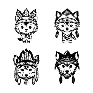 cute kawaii wolf logo wearing indian chief accessories collection set hand drawn illustration