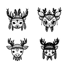 Naklejka premium cute kawaii deer head logo wearing indian chief accessories collection set hand drawn illustration