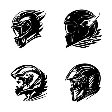 motorcycle biker helmet logo silhouette collection set hand drawn illustration