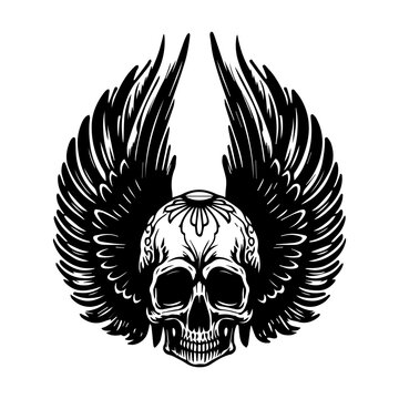 Chicano Skull With Wings Tattoo Design Black And White Hand Drawn Illustration 