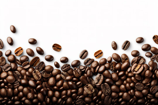 Roasted coffee beans on white background with copy space. Created with Generative AI Technology © dewaai