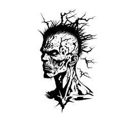 spooky zombie head halloween concept line art hand drawn illustration