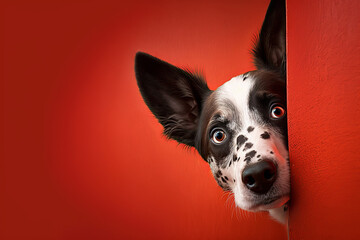 Cute Dog Peeks Cautiously Around A Corner On Red Background, Generative Ai