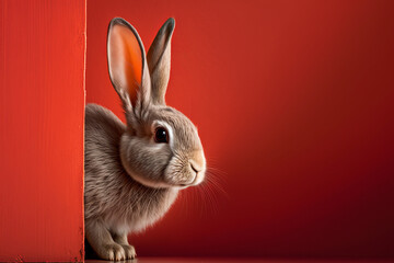 Cute Rabbit Peeks Cautiously Around A Corner On Red Background, Generative Ai