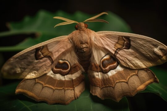 Image of a Bombyx mori on a leaf in an Indian rural garden picture of domestic silk moth insects. Generative AI