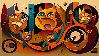 Fototapeta na wymiar Abstract painting depicting cats and other animals. Generative AI
