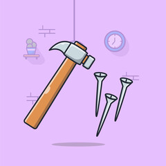 Hammer and nail illustration for construction work cartoon icon symbol
