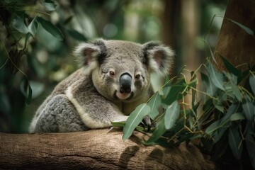 Fototapeta premium Grey Koala bear mammal napping on a tree limb in the forest, surrounded by Australian shrubs and trees. Generative AI
