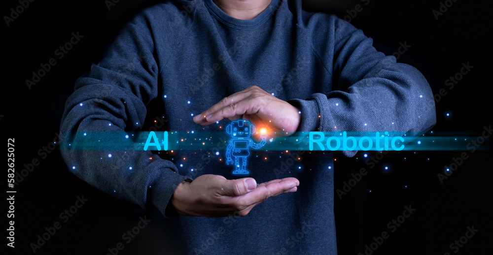 Poster a person stretches out his hand with a model of a robot on his palm. it represents the use of ai and