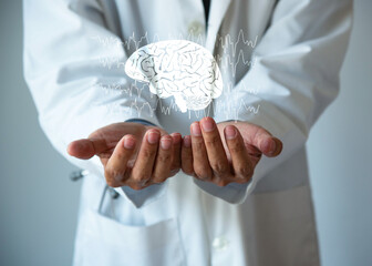 Brain illustration and doctor hands. Healthcare concept.