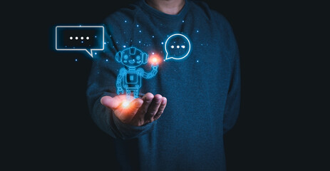 A person stretches out his hand with a model of a robot on his palm. Demonstrates the use of ai and chat GPT systems to research and work.
