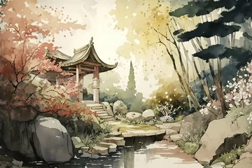 Fotobehang Zalmroze japanese landscape in watercolor with a fairy garden, ink landscape painting created digitally Generative AI