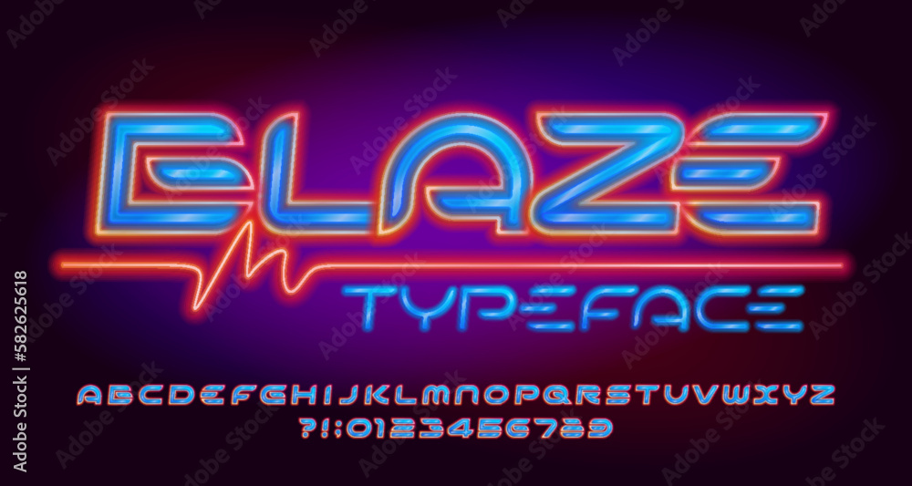 Poster blaze alphabet font. neon light letters and numbers. stock vector typeface for your typography in fu