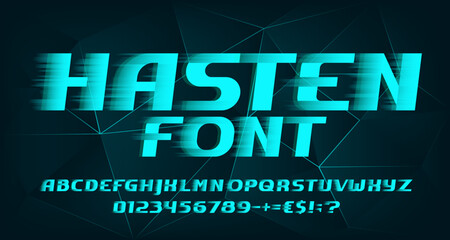 Hasten alphabet font. Fast speed effect letters and numbers. Polygonal background. Stock vector typeface for your design in sport style.