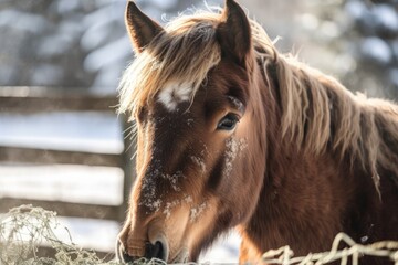 Horse in winter eating hay from nets against a snowy, icy background. Generative AI