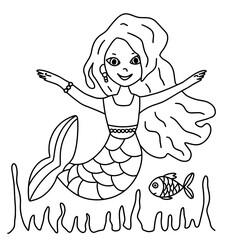 Little mermaid with fish in outline style. Colouring book page for kids