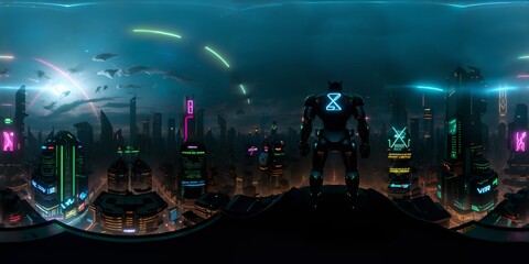 Photo of a man overlooking a futuristic cityscape with vibrant neon lights