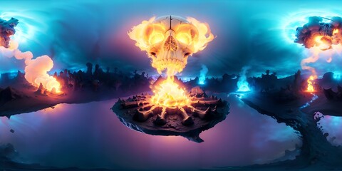 Obraz na płótnie Canvas Photo of a fiery floating island in a digital artwork