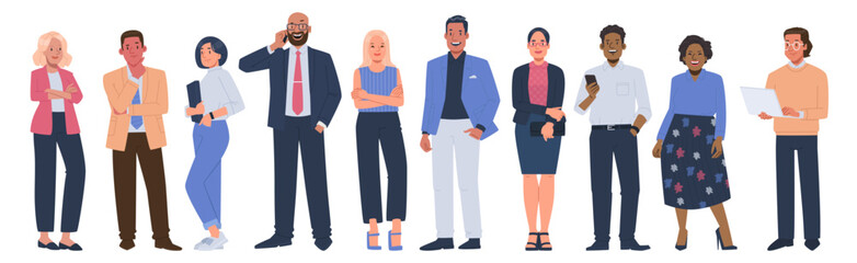 Business people. Set of multiethnic men and women of different ages and races in office attire on a white background